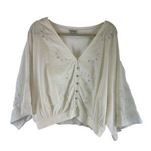 Nostalgia White Eyelet Cropped Blouse Button Kimono Sleeves V-Neck Boho Large